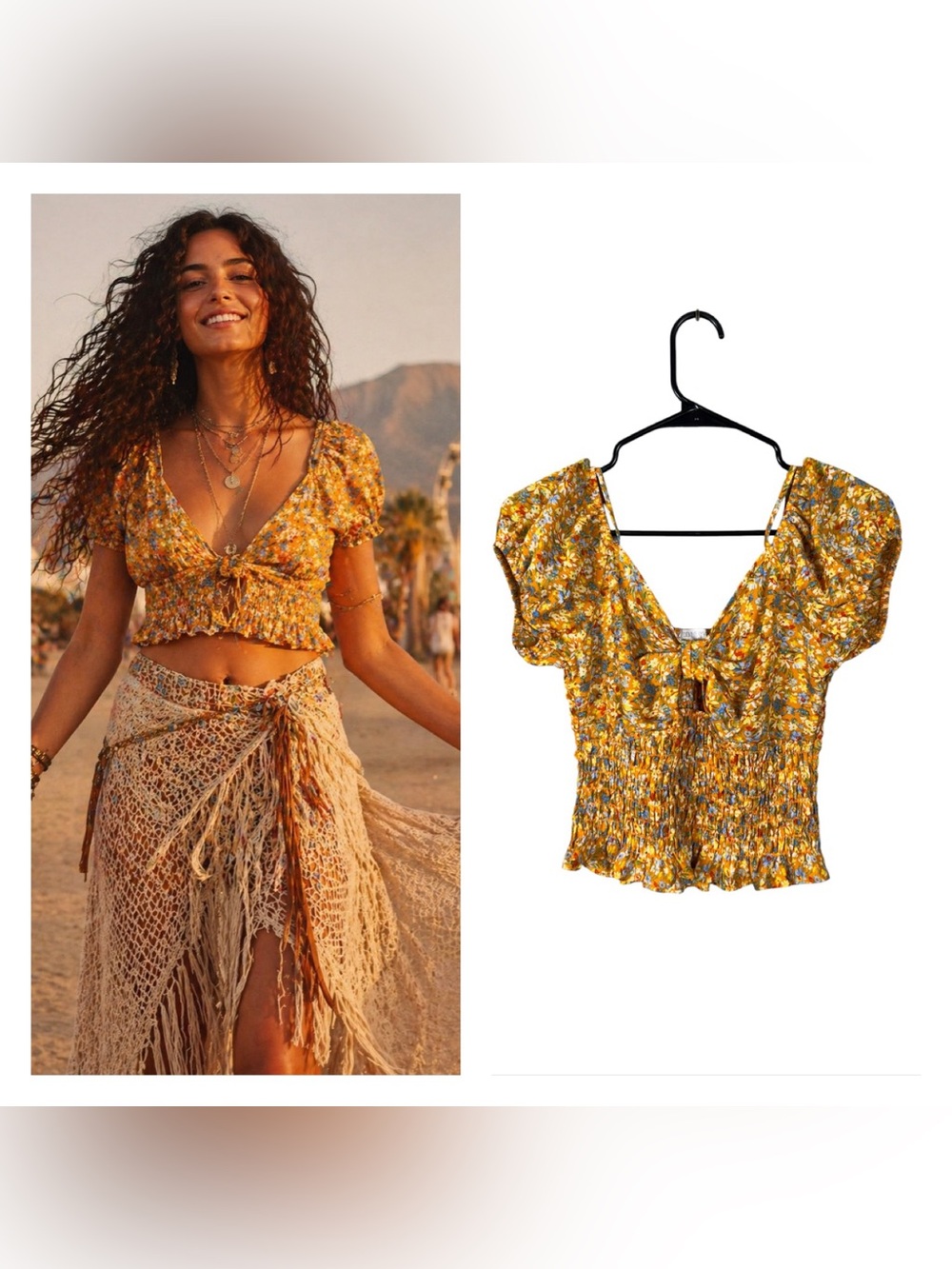 Womens Floral Smocked Peasant Top Small Festival Coachella Cottage Bohemian - Picture 2 of 7